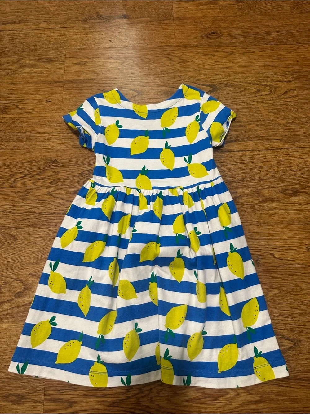Mini Boden Blue & White Stripe Lemon Dress size 7-8 short sleeve pleated